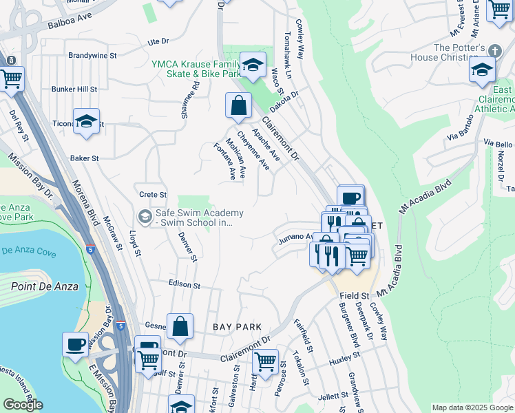 map of restaurants, bars, coffee shops, grocery stores, and more near 3115 Geronimo Avenue in San Diego