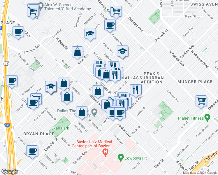 map of restaurants, bars, coffee shops, grocery stores, and more near Live Oak Street in Dallas