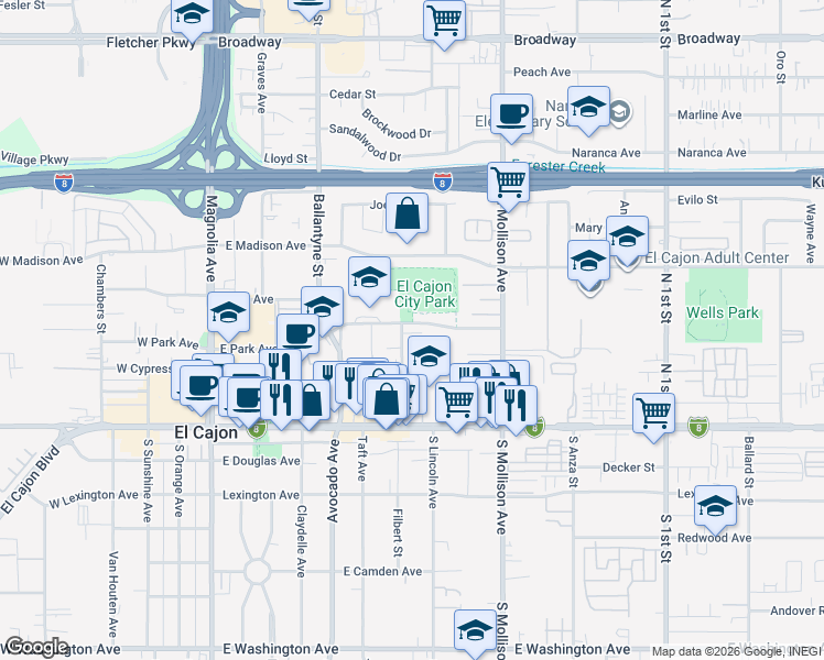 map of restaurants, bars, coffee shops, grocery stores, and more near 633 East Park Avenue in El Cajon