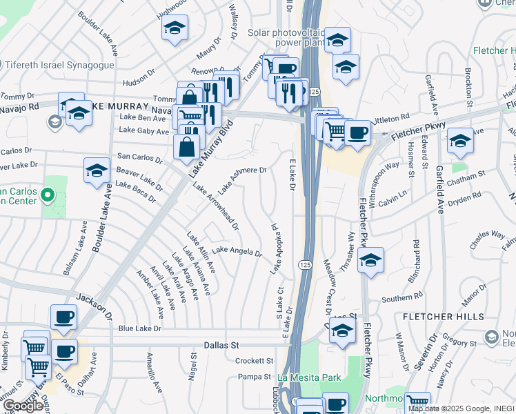 map of restaurants, bars, coffee shops, grocery stores, and more near 6428 Lake Apopka Place in San Diego