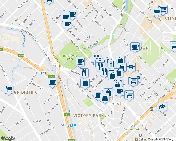 map of restaurants, bars, coffee shops, grocery stores, and more near 2247 Ivan Street in Dallas