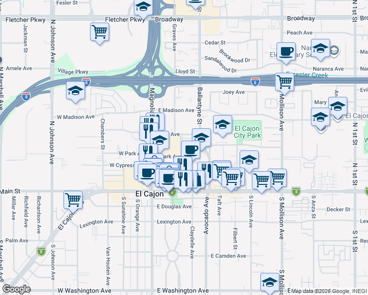 map of restaurants, bars, coffee shops, grocery stores, and more near 339 Connecticut Avenue in El Cajon