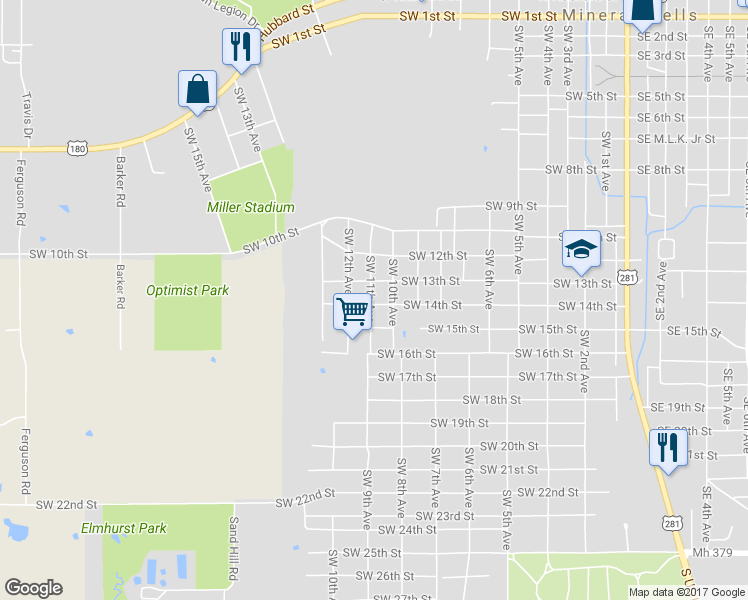 map of restaurants, bars, coffee shops, grocery stores, and more near 1506 Southwest 11th Avenue in Mineral Wells