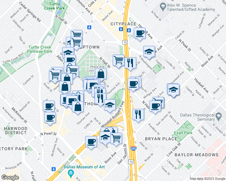 map of restaurants, bars, coffee shops, grocery stores, and more near 2700-3298 Colby Street in Dallas