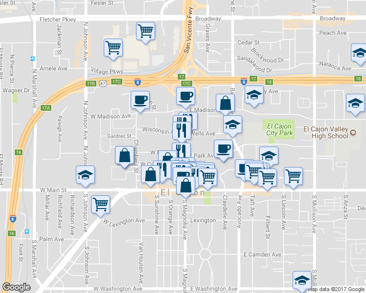 map of restaurants, bars, coffee shops, grocery stores, and more near 350 North Magnolia Avenue in El Cajon