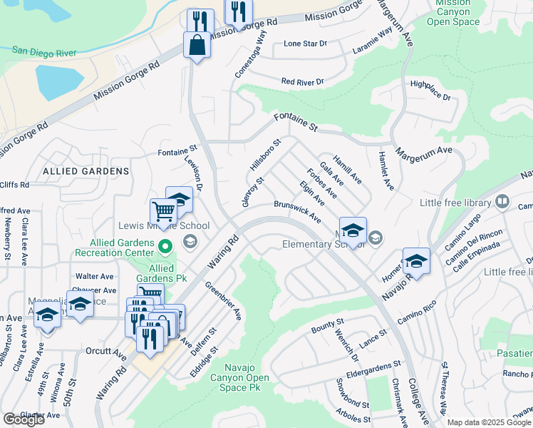 map of restaurants, bars, coffee shops, grocery stores, and more near 5438 Waring Road in San Diego