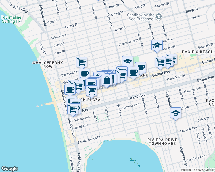 map of restaurants, bars, coffee shops, grocery stores, and more near 1138 Hornblend Street in San Diego