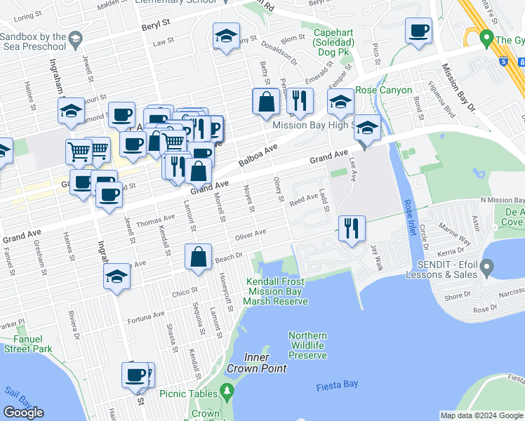 map of restaurants, bars, coffee shops, grocery stores, and more near 2126 1/2 Reed Avenue in San Diego