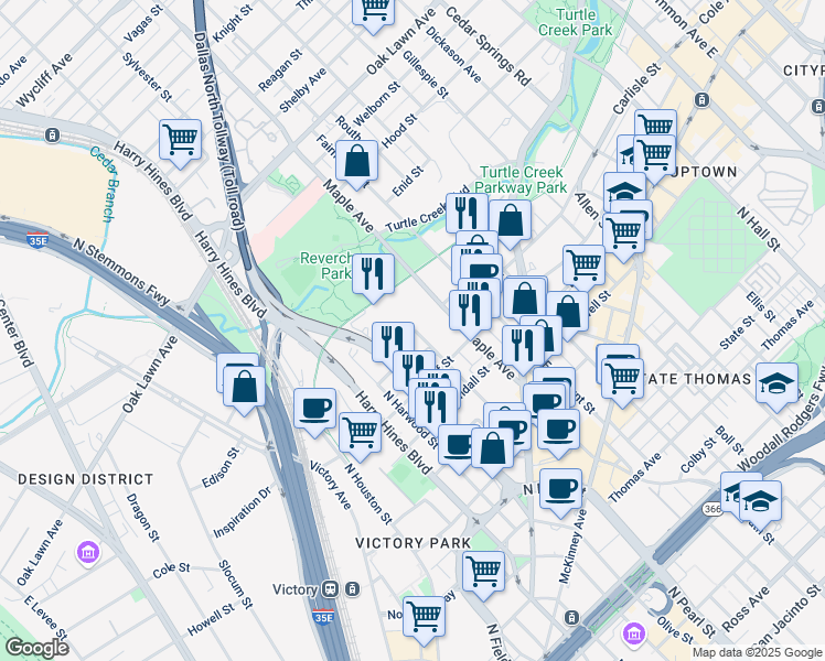 map of restaurants, bars, coffee shops, grocery stores, and more near 2267 Ivan Street in Dallas