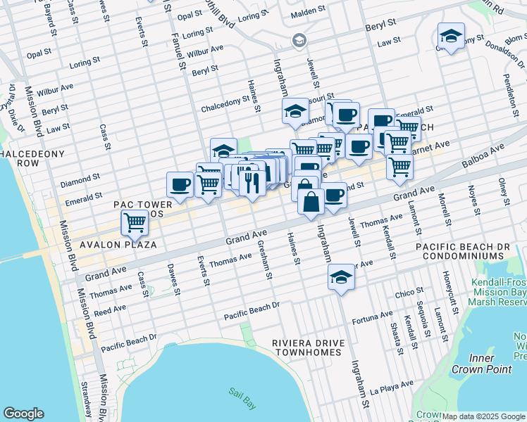 map of restaurants, bars, coffee shops, grocery stores, and more near 1438 Hornblend Street in San Diego