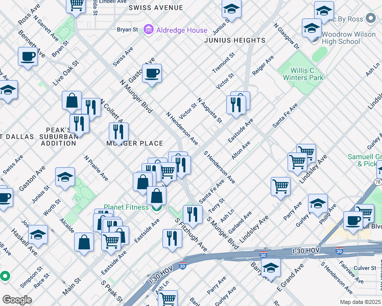 map of restaurants, bars, coffee shops, grocery stores, and more near in Dallas
