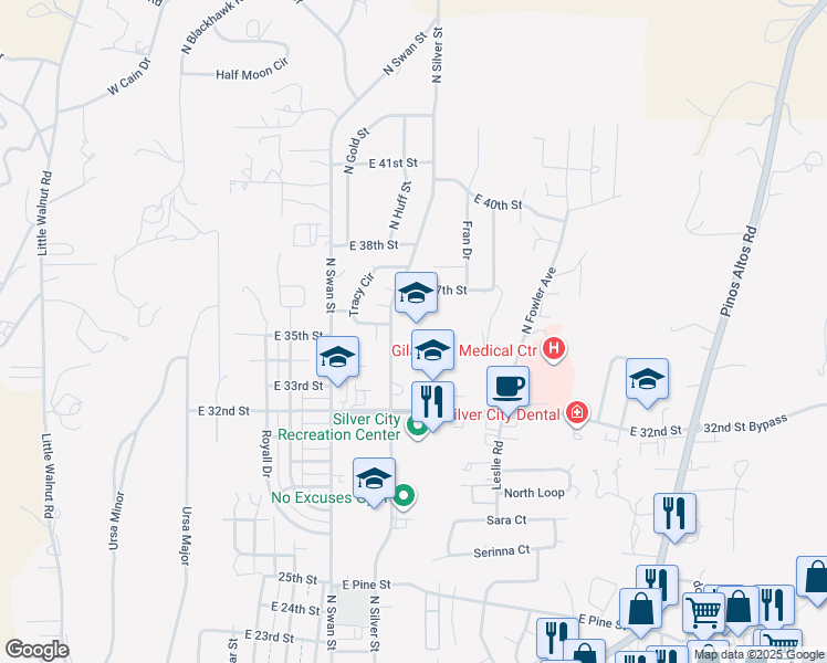 map of restaurants, bars, coffee shops, grocery stores, and more near 3500 North Silver Street in Silver City