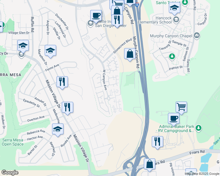 map of restaurants, bars, coffee shops, grocery stores, and more near 2705 West Canyon Avenue in San Diego
