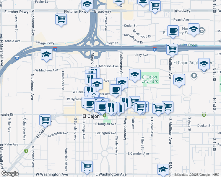 map of restaurants, bars, coffee shops, grocery stores, and more near 391 Connecticut Avenue in El Cajon