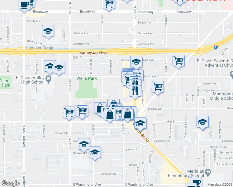 map of restaurants, bars, coffee shops, grocery stores, and more near 306 Shady Lane in El Cajon