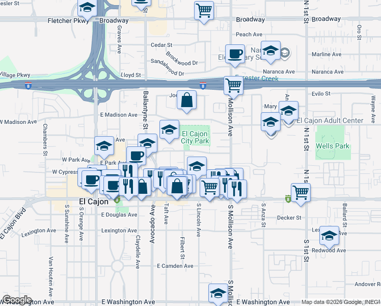 map of restaurants, bars, coffee shops, grocery stores, and more near 296 Roanoke Road in El Cajon