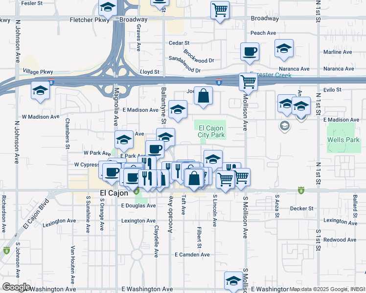 map of restaurants, bars, coffee shops, grocery stores, and more near 311 Ballantyne Street in El Cajon
