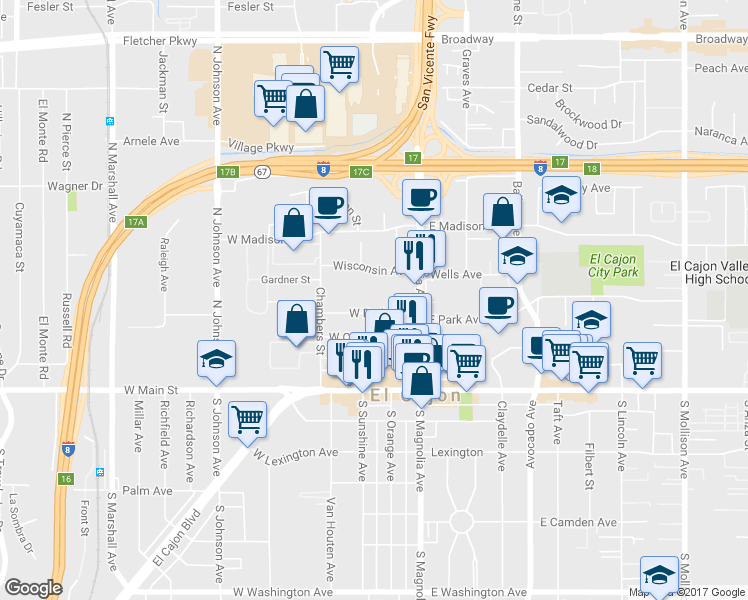 map of restaurants, bars, coffee shops, grocery stores, and more near 221 West Park Avenue in El Cajon