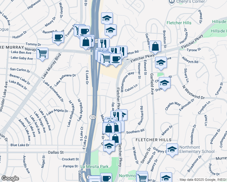map of restaurants, bars, coffee shops, grocery stores, and more near 298 Thrasher Drive in El Cajon