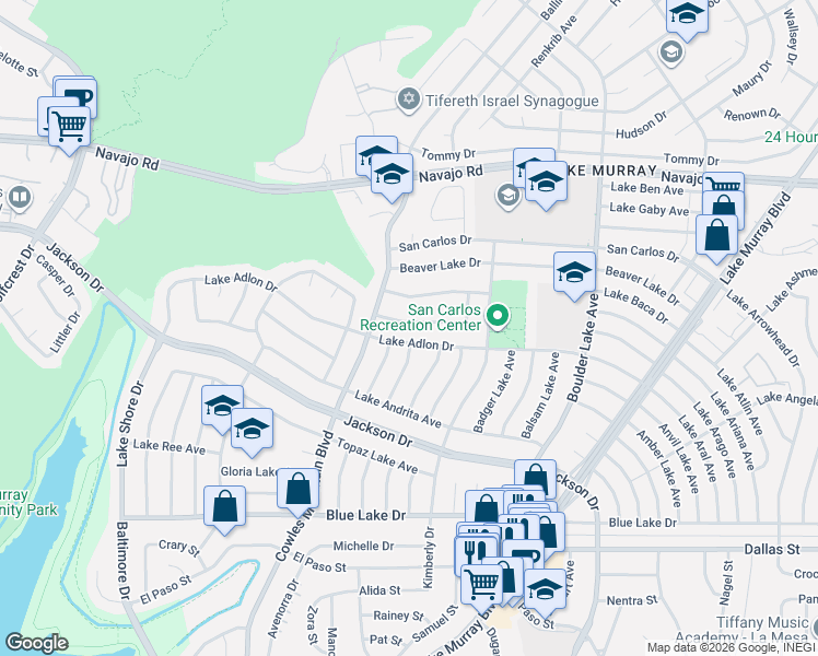 map of restaurants, bars, coffee shops, grocery stores, and more near 6392 Lake Dora Avenue in San Diego