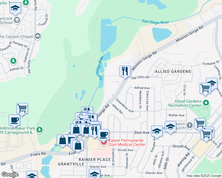 map of restaurants, bars, coffee shops, grocery stores, and more near 6850 Mission Gorge Road in San Diego