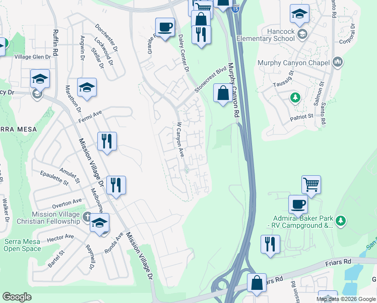 map of restaurants, bars, coffee shops, grocery stores, and more near 2705 West Canyon Avenue in San Diego