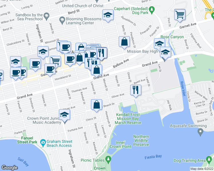 map of restaurants, bars, coffee shops, grocery stores, and more near 1972 Reed Avenue in San Diego