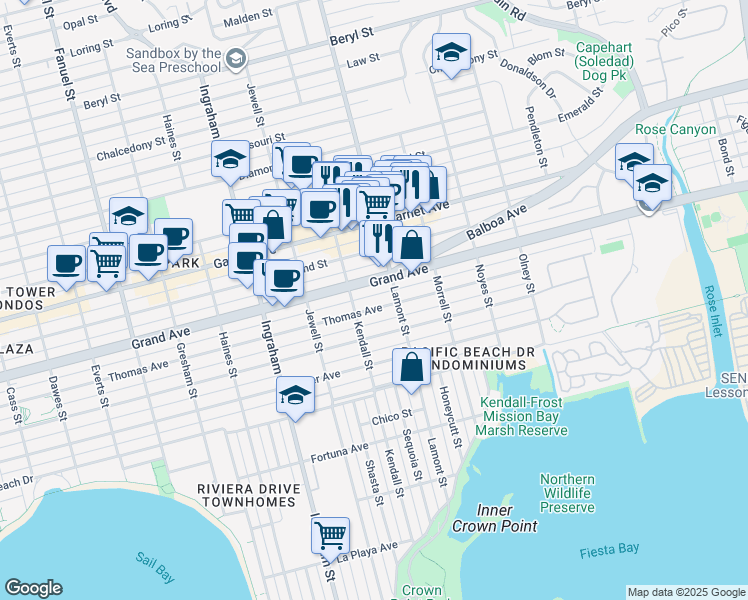 map of restaurants, bars, coffee shops, grocery stores, and more near 1831 Thomas Avenue in San Diego