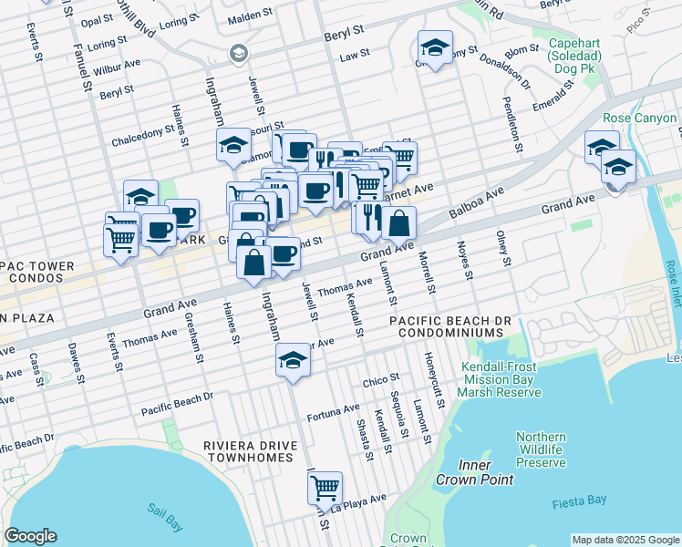 map of restaurants, bars, coffee shops, grocery stores, and more near 1745 Thomas Avenue in San Diego