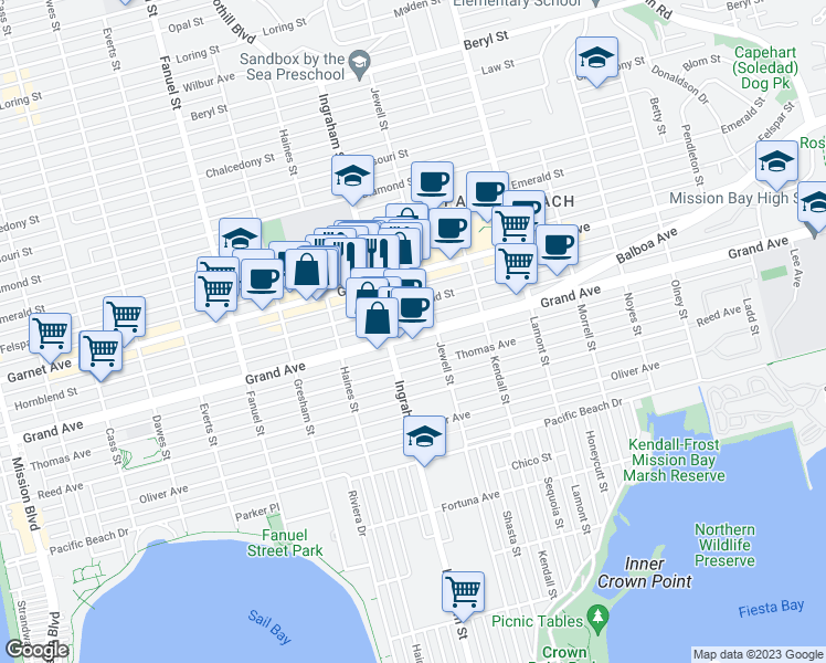 map of restaurants, bars, coffee shops, grocery stores, and more near in San Diego