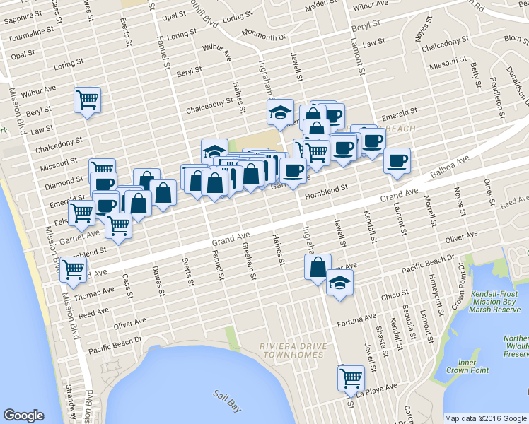 map of restaurants, bars, coffee shops, grocery stores, and more near 1438 Hornblend Street in San Diego