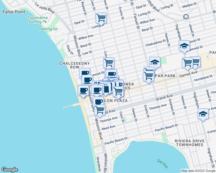 map of restaurants, bars, coffee shops, grocery stores, and more near 912 Garnet Avenue in San Diego