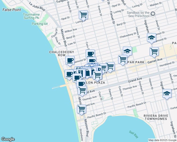 map of restaurants, bars, coffee shops, grocery stores, and more near 912 Garnet Avenue in San Diego