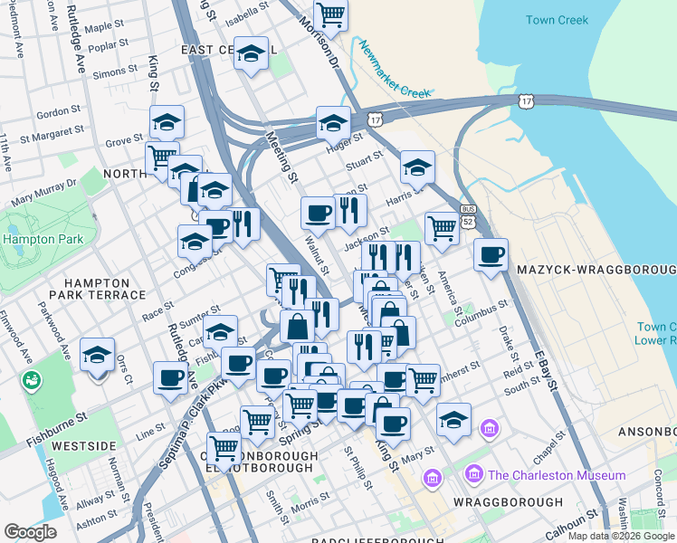 map of restaurants, bars, coffee shops, grocery stores, and more near in Charleston