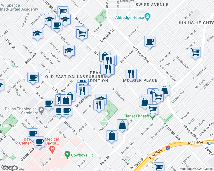 map of restaurants, bars, coffee shops, grocery stores, and more near 4721 Worth Street in Dallas