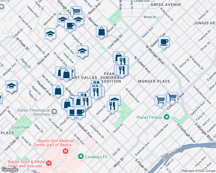 map of restaurants, bars, coffee shops, grocery stores, and more near 4601 Gaston Avenue in Dallas