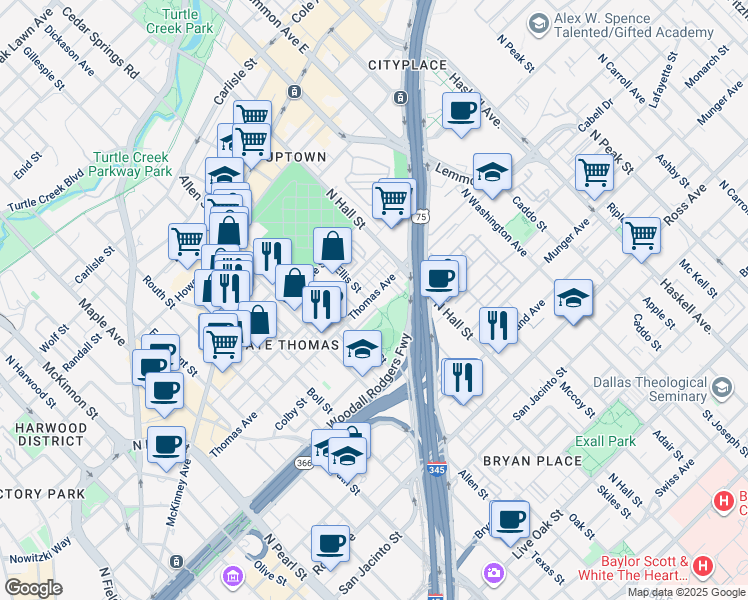 map of restaurants, bars, coffee shops, grocery stores, and more near 2700-3298 Colby Street in Dallas