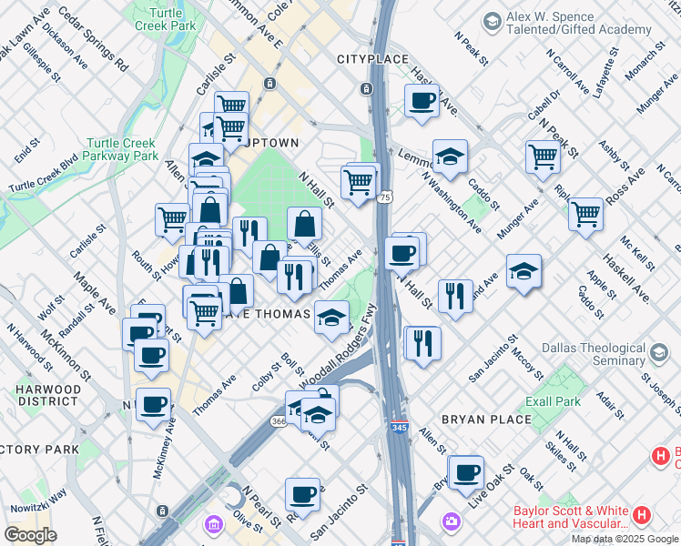 map of restaurants, bars, coffee shops, grocery stores, and more near 2700-3298 Colby Street in Dallas