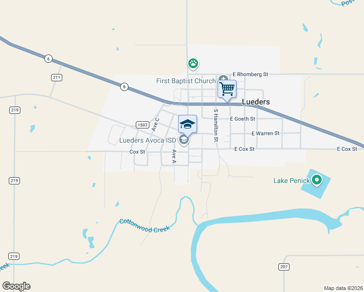map of restaurants, bars, coffee shops, grocery stores, and more near 402 South McHarg Street in Lueders