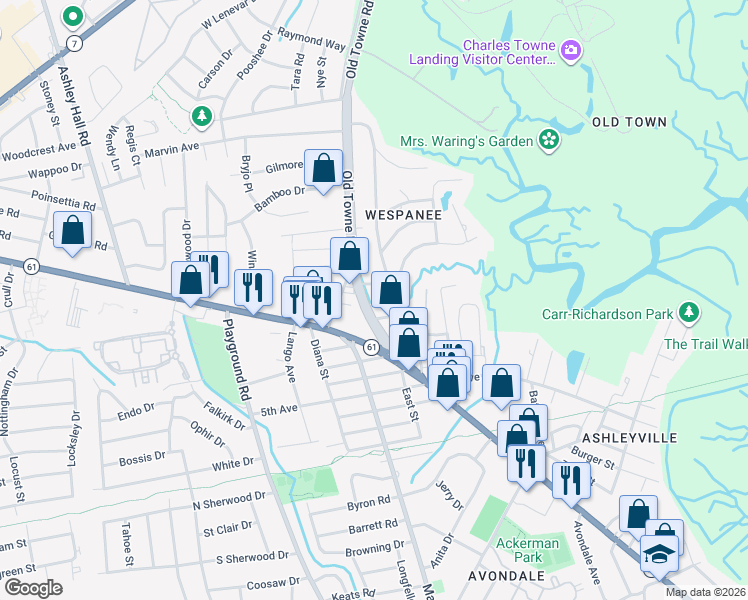 map of restaurants, bars, coffee shops, grocery stores, and more near 1129 North Hillside Drive in Charleston
