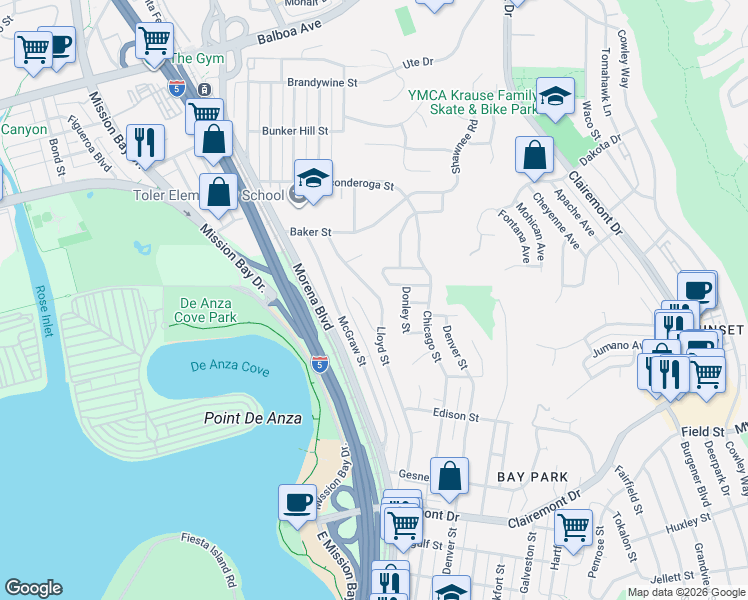 map of restaurants, bars, coffee shops, grocery stores, and more near 3665 Lloyd Terrace in San Diego