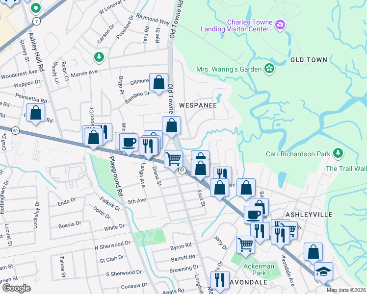 map of restaurants, bars, coffee shops, grocery stores, and more near 1129 North Hillside Drive in Charleston
