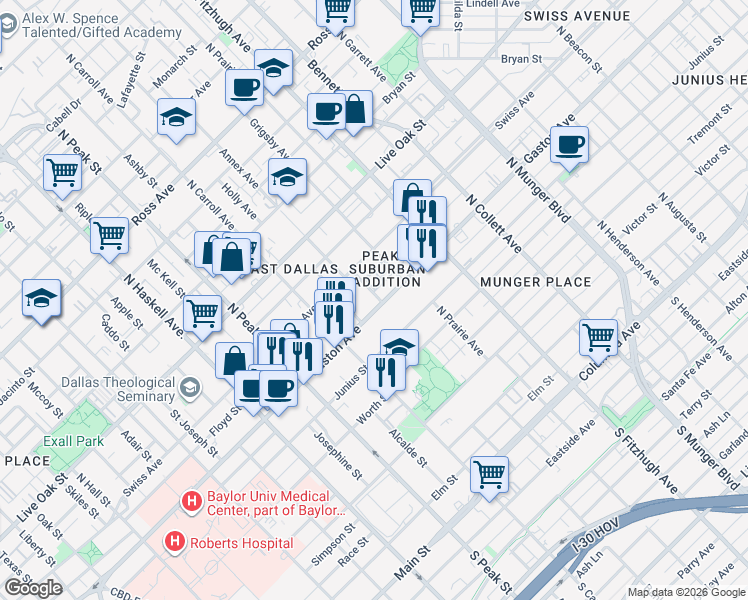 map of restaurants, bars, coffee shops, grocery stores, and more near 4601 Gaston Avenue in Dallas