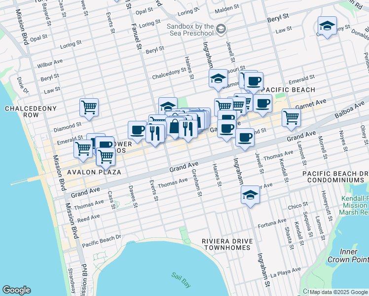 map of restaurants, bars, coffee shops, grocery stores, and more near 1364 Grand Avenue in San Diego