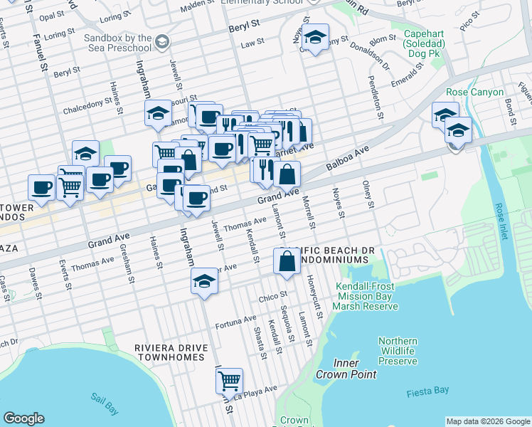 map of restaurants, bars, coffee shops, grocery stores, and more near 1854 Thomas Avenue in San Diego