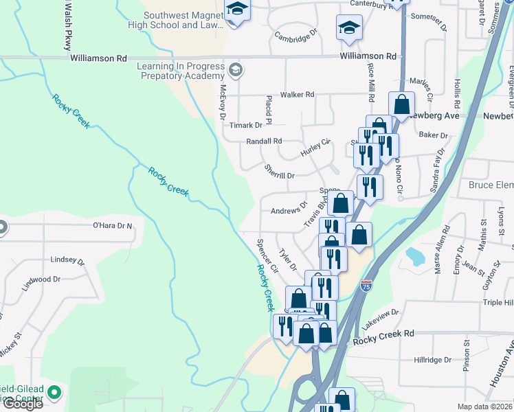 map of restaurants, bars, coffee shops, grocery stores, and more near 3886 Andrews Drive in Macon