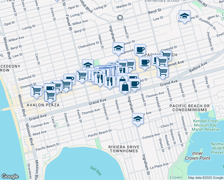 map of restaurants, bars, coffee shops, grocery stores, and more near 1475 Hornblend Street in San Diego