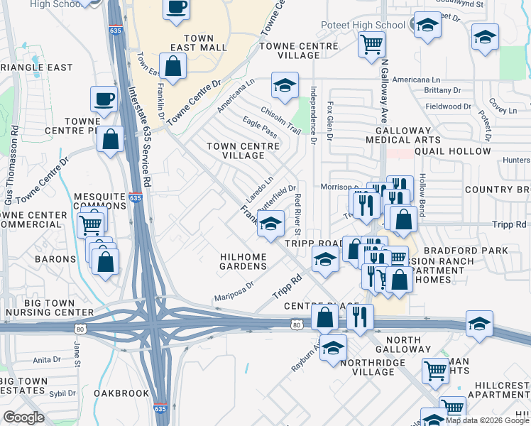 map of restaurants, bars, coffee shops, grocery stores, and more near 1534 Butterfield Drive in Mesquite