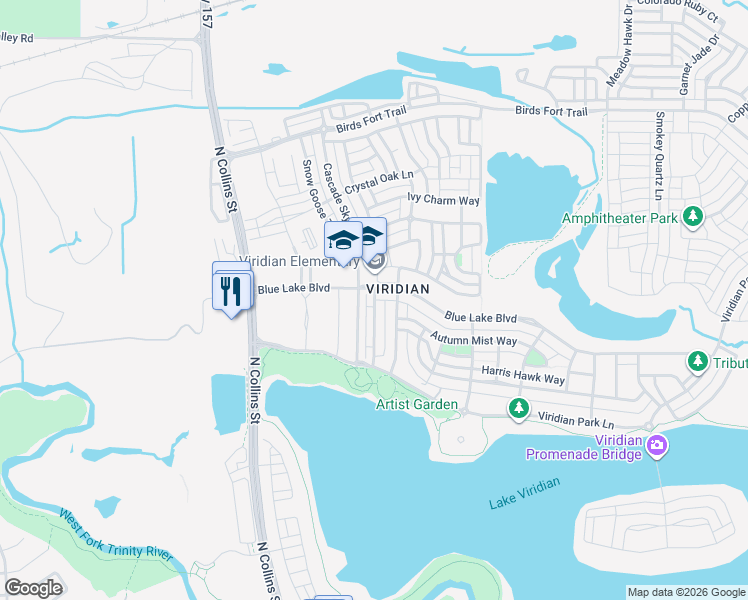 map of restaurants, bars, coffee shops, grocery stores, and more near 1104 Blue Lake Boulevard in Arlington