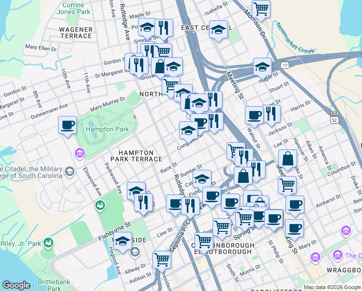 map of restaurants, bars, coffee shops, grocery stores, and more near 4 Senate Street in Charleston